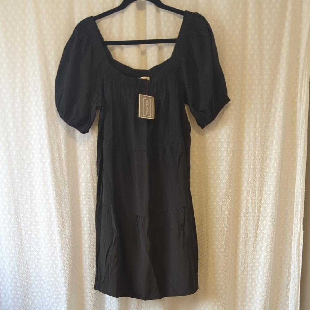 Made With Love Dress Black Tiered Aline Elastic Neckline, Sleeves, Women L, NWT